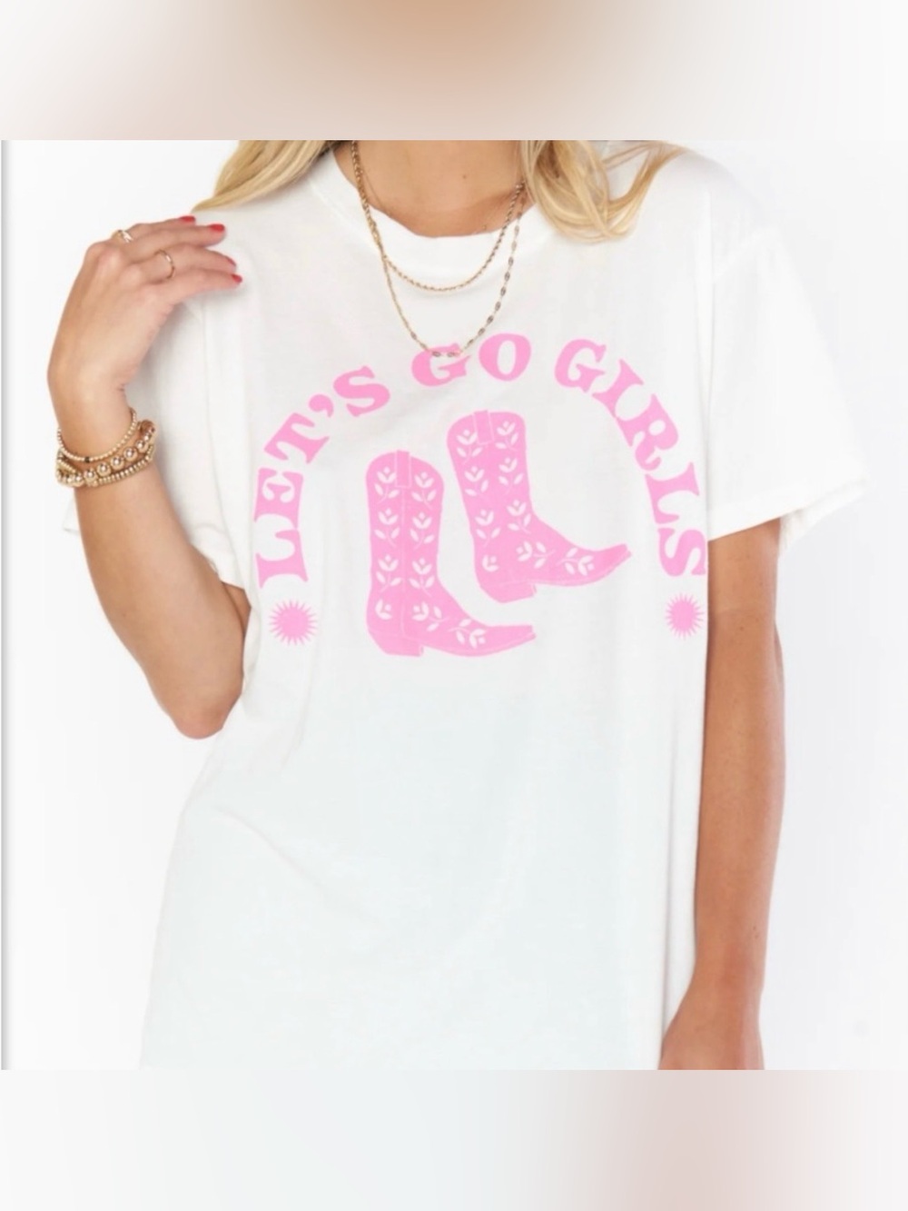 Show Me Your MuMu White Tee with Pink Cowboy Boot Graphic - S
